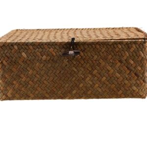 Natural Straw Rattan Multipurpose Container Rectangular Storage Baskets With Lid Hand Woven Storage Box with Button for Desktop Home Decoration (12 Inch)