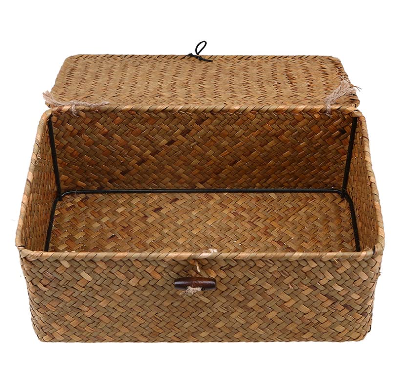 Natural Straw Rattan Multipurpose Container Rectangular Storage Baskets With Lid Hand Woven Storage Box with Button for Desktop Home Decoration (12 Inch)