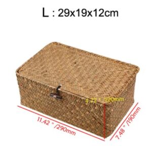 Natural Straw Rattan Multipurpose Container Rectangular Storage Baskets With Lid Hand Woven Storage Box with Button for Desktop Home Decoration (12 Inch)