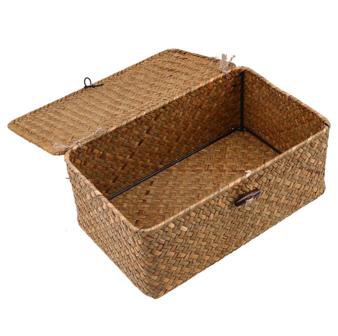 Natural Straw Rattan Multipurpose Container Rectangular Storage Baskets With Lid Hand Woven Storage Box with Button for Desktop Home Decoration (12 Inch)