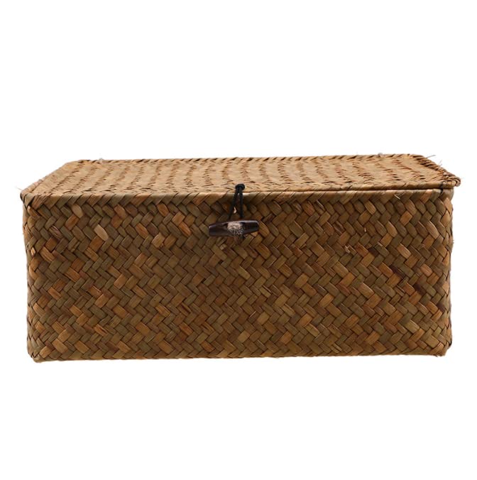 Natural Straw Rattan Multipurpose Container Rectangular Storage Baskets With Lid Hand Woven Storage Box with Button for Desktop Home Decoration (12 Inch)