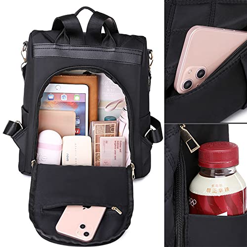jasboo Women Anti-theft Hidden Zipper Backpack Purse, Fashion Waterproof Quilt Rucksack, Travel Covertible Shoulder Bag (Black)