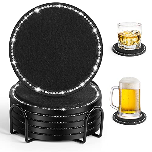 Coasters for Drinks with Holder,Avkast 6PCS Silicone Drink Coasters with Soft Felt Insert Bling Rhinestone Absorbent Coasters for Coffee Table Desk Office Bar Home- Black