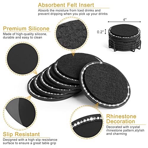 Coasters for Drinks with Holder,Avkast 6PCS Silicone Drink Coasters with Soft Felt Insert Bling Rhinestone Absorbent Coasters for Coffee Table Desk Office Bar Home- Black