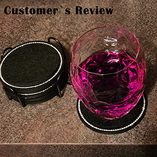 Coasters for Drinks with Holder,Avkast 6PCS Silicone Drink Coasters with Soft Felt Insert Bling Rhinestone Absorbent Coasters for Coffee Table Desk Office Bar Home- Black