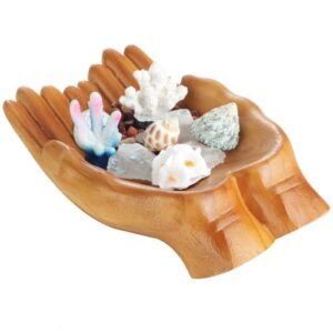 crystal display stand, carved hands offering bowl for crystal stone keepsakes trinkets display, carved hand crystal display shelf, decorative hand tray for crystal rock storage & display