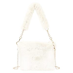 plush shoulder bag, winter ladies fluffy handbag crossbody clutch, faux fur underarm bag satchel purse bag, beigewhite