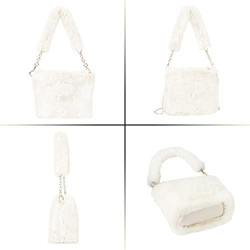 Plush Shoulder Bag, Winter Ladies Fluffy Handbag Crossbody Clutch, Faux Fur Underarm Bag Satchel Purse Bag, Beigewhite