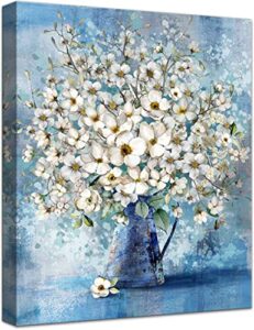 yiijeah bathroom wall decor canvas prints flower art white and blue pictures for bedroom wall decorations framed for office guest room blue kitchen decor size 17×13 inch bathroom decor