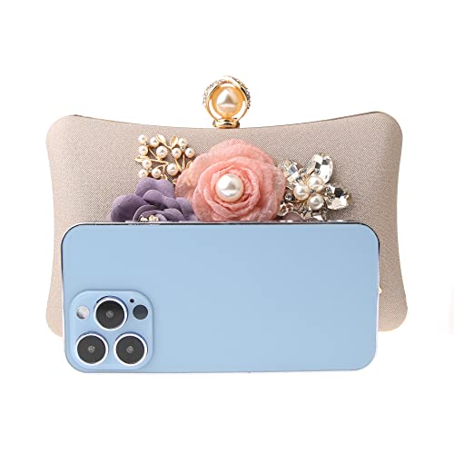 RKROUCO Women's Flower Evening Clutch Bag - Multicolor Flower Handbag with Satin-Champagne.