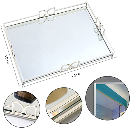 HAIGOUER Glass Perfume Tray Elegant Looking Silver Tray Large Silver Tray Decorative 10”x 14”x 2”