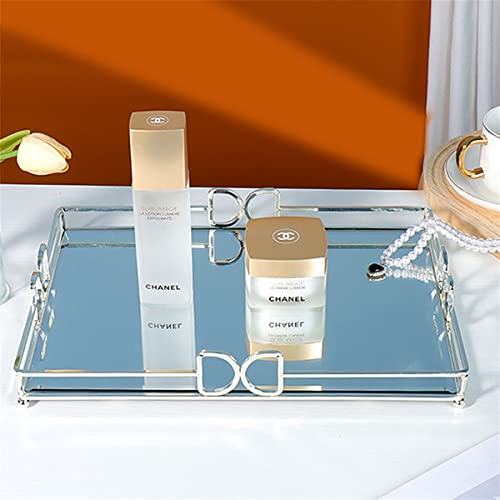 HAIGOUER Glass Perfume Tray Elegant Looking Silver Tray Large Silver Tray Decorative 10”x 14”x 2”