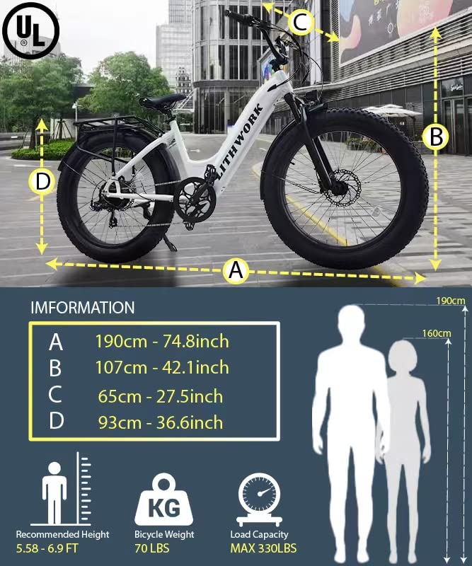 Fat Tire Electric Bike 750W 48V 15Ah BAFANG Hub Motor LG Cell Removable Downtube Integrated Battery 26”×4" High Rise Handlebar Mud Guard Rear Rack 28MPH Road City Shimano 7 Speed UL Ebike for Women