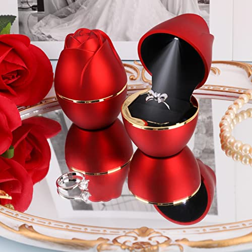 Rolin Roly Red Ring Box with LED Light Rose Jewelry Ring Case Jewellry Display Gift Boxes for Wedding Ring Box Ceremony Engagement Proposal Anniversary