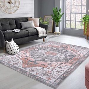 cozyloom vintage area rug, orange persian accent floral distressed machine washable area rug for indoor living room, bedroom, entryway 5×8 feet