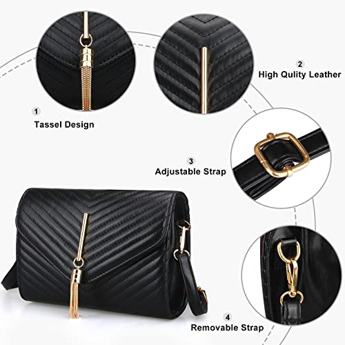 Black Leather Quilted Flap Crossbody Bag for Women - Perfect for Everyday Use, Best Cross body Purse Designer Shoulder Bag with Tassel