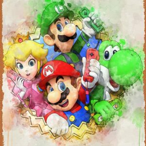 Mario Characters – Video Game Character – Poster – Canvas Print – Wooden Hanging Scroll Frame Retro Vintage Metal Plaque Sign Tin Sign for Home Bar Kitchen Pub Wall Decor Signs 12x8inch