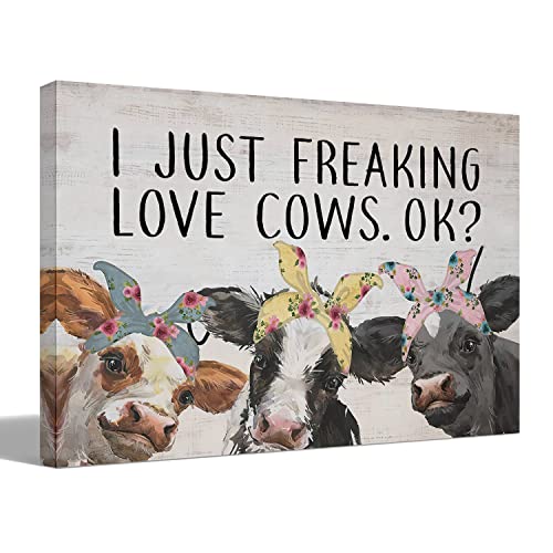 BIWSHA I Just Freaking Love Cows OK Canvas Wall Art Prints Decor for Home Bedroom Living Room Office Farm，Farm Animal Themed Paintings Art Decor 14x11 Inches，Retro Cow Silhouette Art Gifts