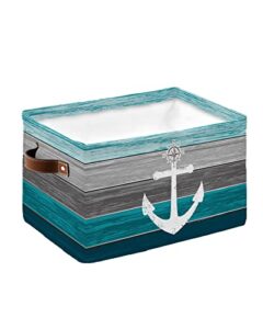 turquoise grey ombre wood storage basket waterproof cube storage bin organizer with handles, beach nautical anchor ocean coastal collapsible storage cubes bins for clothes books toys 15″x11″x9.5″