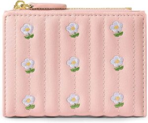 kuifang girls cute flowers print wallet, small tri-folded aesthetic wallet, pu leather purse cash pocket card holder id window purse for women(pink)