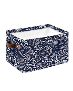sea ocean wave texture filling storage basket waterproof cube storage bin organizer with handles, navy blue white stripes collapsible storage cubes bins for clothes books toys 15″x11″x9.5″