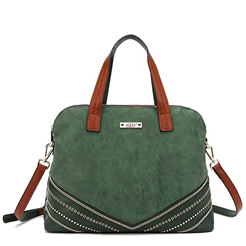 DESTINY BY NICOLE LEE Dome Satchel Crossbody Bag with Adjustable Shoulder Strap Stud Fashion Handbag Suede Eco Leather for Women Girls NK12300 Green