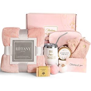 self care gifts for women, thinking of you unique birthday gifts, get well soon care package with luxury flannel blanket, christmas relaxing spa gift box basket for her sister best friends mom