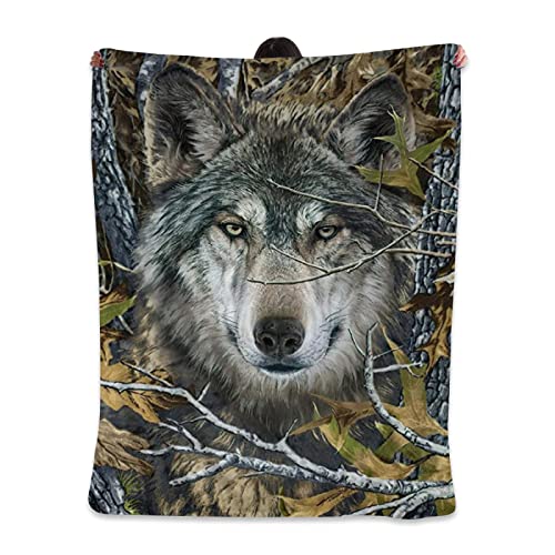 Throw Blanket Forest Camo and Wolf Soft Microfiber Lightweight Cozy Warm Blankets for Couch Bedroom Living Room