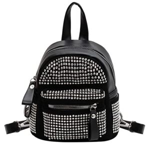 casual rhinestone mini backpack gothic daypack purse studded faux leather small travel for women girls, silver
