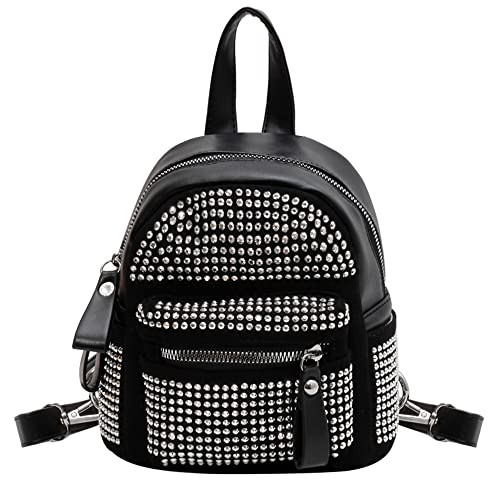 Casual Rhinestone Mini Backpack Gothic Daypack Purse Studded Faux Leather Small Travel for Women Girls, Silver