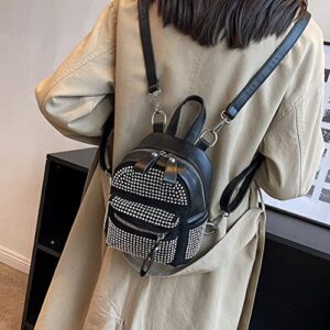 Casual Rhinestone Mini Backpack Gothic Daypack Purse Studded Faux Leather Small Travel for Women Girls, Silver