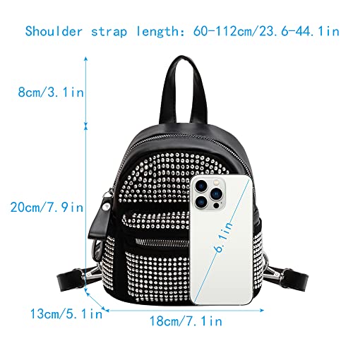 Casual Rhinestone Mini Backpack Gothic Daypack Purse Studded Faux Leather Small Travel for Women Girls, Silver