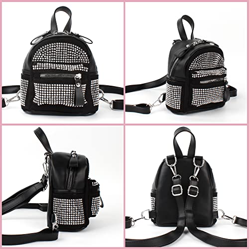 Casual Rhinestone Mini Backpack Gothic Daypack Purse Studded Faux Leather Small Travel for Women Girls, Silver