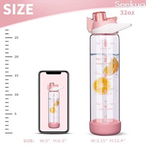 Seekua 32 oz Sports Glass Water Bottle with Straw and Time Marker, Large Resuable Motivational Glass Drinking Bottle for Infused Water, Fruit, Smoothie, Coffee