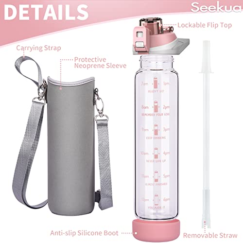 Seekua 32 oz Sports Glass Water Bottle with Straw and Time Marker, Large Resuable Motivational Glass Drinking Bottle for Infused Water, Fruit, Smoothie, Coffee