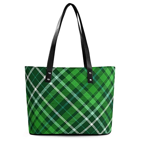 Womens Handbag Plaid Pattern Green Leather Tote Bag Top Handle Satchel Bags For Lady