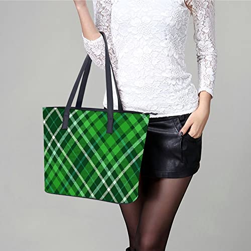 Womens Handbag Plaid Pattern Green Leather Tote Bag Top Handle Satchel Bags For Lady