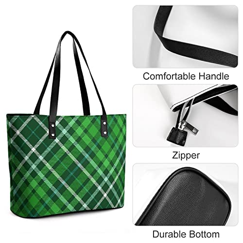 Womens Handbag Plaid Pattern Green Leather Tote Bag Top Handle Satchel Bags For Lady