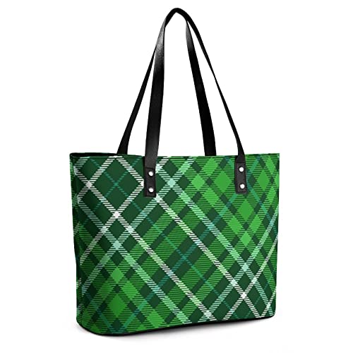 Womens Handbag Plaid Pattern Green Leather Tote Bag Top Handle Satchel Bags For Lady