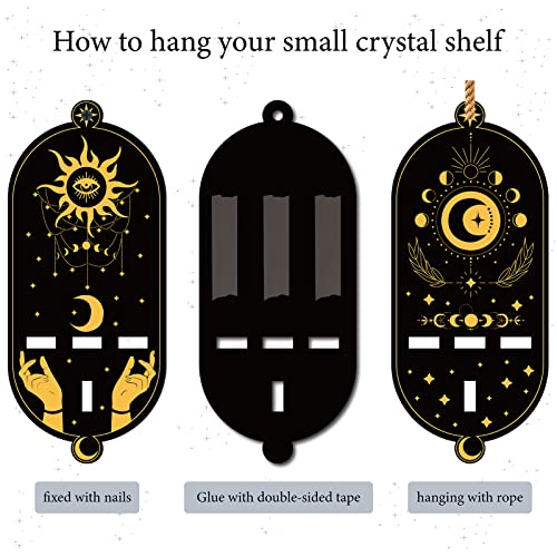 CREATCABIN Small Crystal Shelf Display Sun Moon Star Wooden Crystal Holder Stand with 3Pcs C1 Gemst1 Pendulum Chains Magical Witch Boho Altar for Hanging Crystals St1 Wall Decor 3.03 x 7.01inch