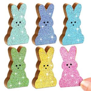 marsui 6 pcs easter bunny wood signs glitter bunny table wooden decor colorful bunny tiered tray decor spring rabbit tabletop centerpieces for easter party desk shelf home farmhouse table decorations