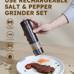 Sangcon Electric Salt and Pepper Grinder Set - USB Rechargeable - Automatic Black Pepper & Sea Salt Spice Mill - Adjustable Coarseness - One Hand Operation - LED Light Refillable - Metallic Gunmetal