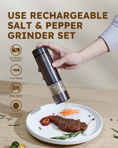 Sangcon Electric Salt and Pepper Grinder Set - USB Rechargeable - Automatic Black Pepper & Sea Salt Spice Mill - Adjustable Coarseness - One Hand Operation - LED Light Refillable - Metallic Gunmetal