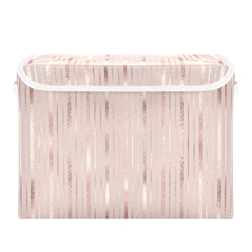 Kigai Storage Basket Rose Gold Stripes Storage Boxes with Lids and Handle, Large Storage Cube Bin Collapsible for Shelves Closet Bedroom Living Room, 16.5x12.6x11.8 In