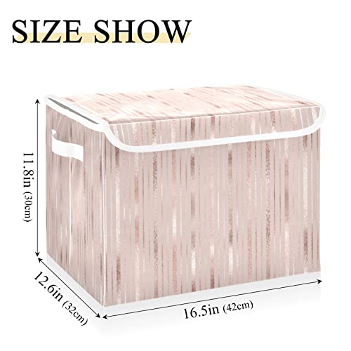 Kigai Storage Basket Rose Gold Stripes Storage Boxes with Lids and Handle, Large Storage Cube Bin Collapsible for Shelves Closet Bedroom Living Room, 16.5x12.6x11.8 In