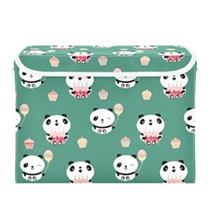 Kigai Storage Basket Cute Panda Holding Cakes Storage Boxes with Lids and Handle, Large Storage Cube Bin Collapsible for Shelves Closet Bedroom Living Room, 16.5x12.6x11.8 In