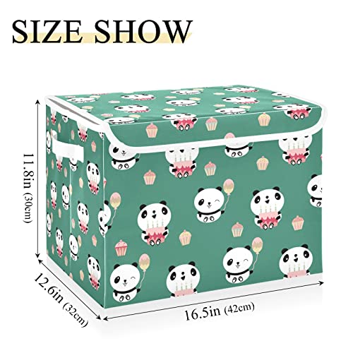 Kigai Storage Basket Cute Panda Holding Cakes Storage Boxes with Lids and Handle, Large Storage Cube Bin Collapsible for Shelves Closet Bedroom Living Room, 16.5x12.6x11.8 In