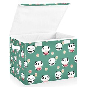 Kigai Storage Basket Cute Panda Holding Cakes Storage Boxes with Lids and Handle, Large Storage Cube Bin Collapsible for Shelves Closet Bedroom Living Room, 16.5x12.6x11.8 In