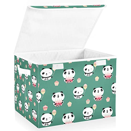 Kigai Storage Basket Cute Panda Holding Cakes Storage Boxes with Lids and Handle, Large Storage Cube Bin Collapsible for Shelves Closet Bedroom Living Room, 16.5x12.6x11.8 In