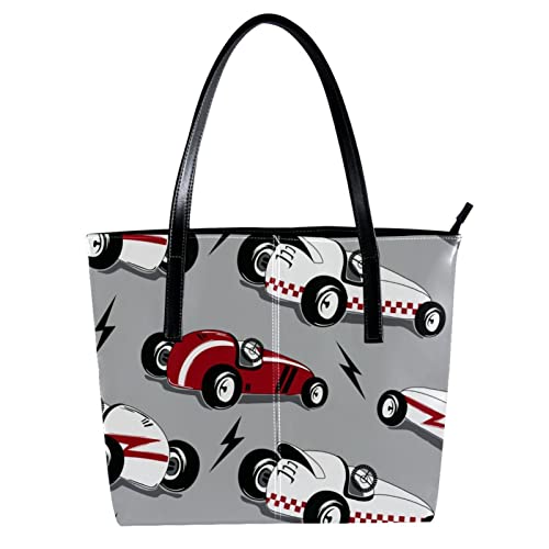 Women’s Leather Tote Bag, Speeding Racing Car with Checkered Flag Race Track Large Heavy Duty Shoulder Bag Travel Work School Handbag